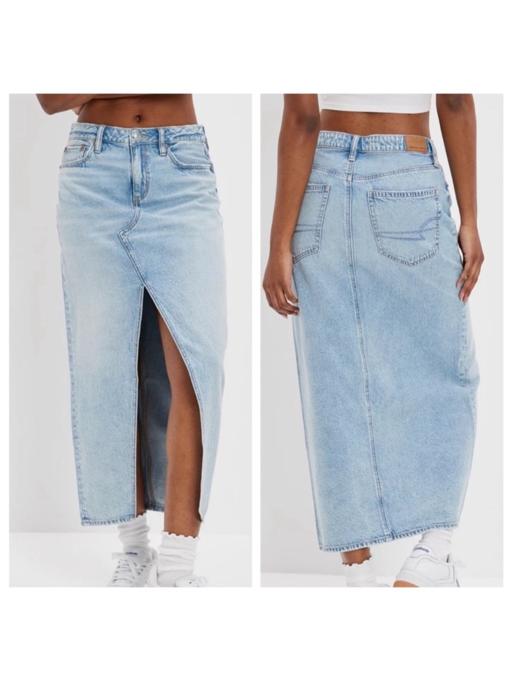 NWT American Eagle Low Rise Maxi Denim Skirt Light Wash Blue Front Slit Size 2